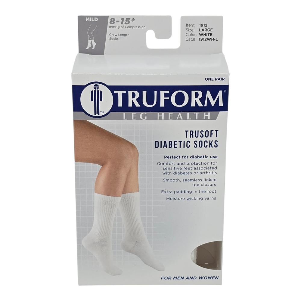 NEW Truform White Diabetic Compression Socks Large Crew 8-15 Mild Unisex 1912
